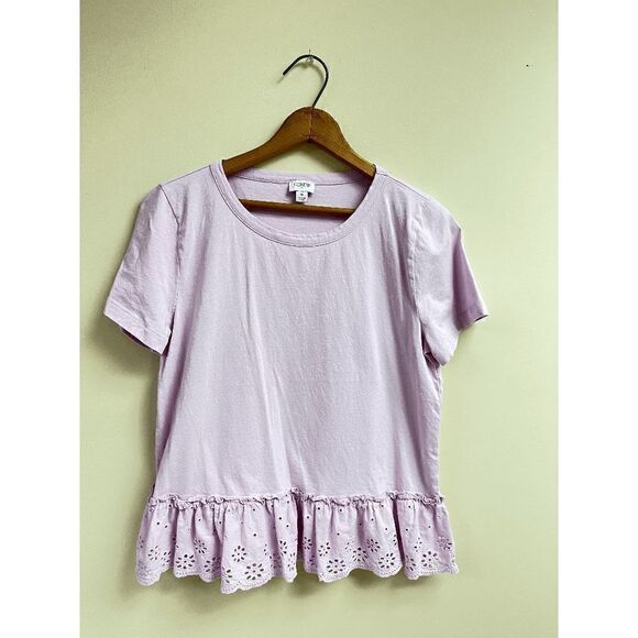 JCrew Womens Ruffled Eyelet Hem Short Sleeve Top Lavender Sz M 100% Cotton - Picture 9 of 9